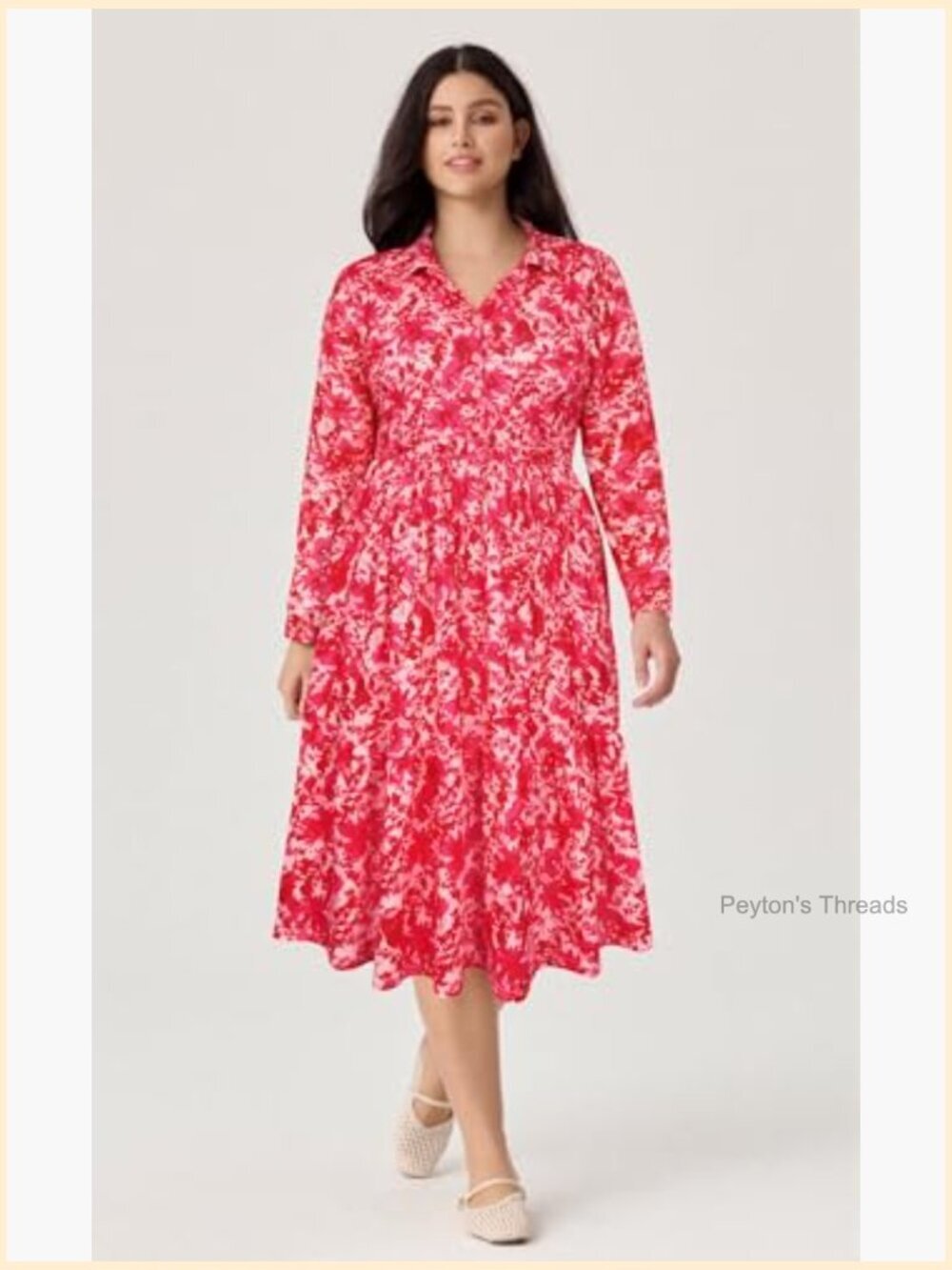 Plus Size Midi Dress with Pockets Long Sleeve V-Neck Collared Dress Fall Winter - Picture 2 of 7